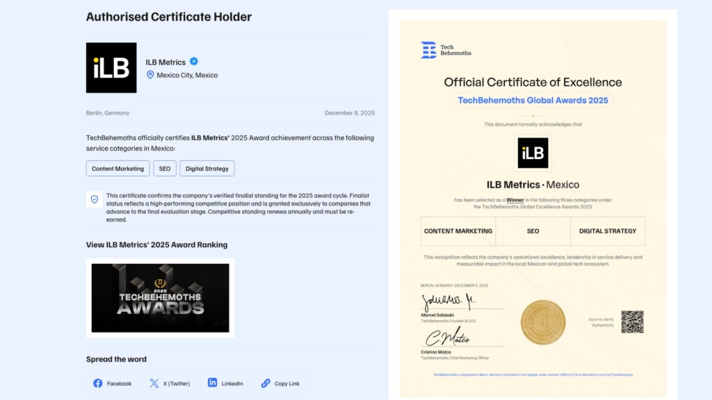 ILB Metrics, firma reconocida a nivel global en SEO, Estrategia Digital y Comunicación Online. Fuente: TechBehemonths.